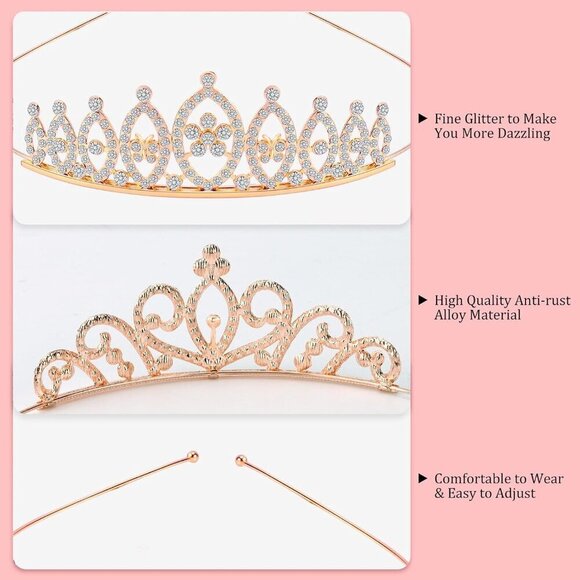 8 Pack Princess Crown Tiaras Rhinestones Rose Gold for Weddings Proms